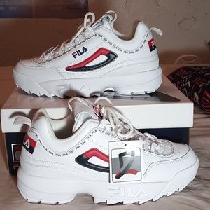 These are brand new white, red, & blue, Fila sneakers.
